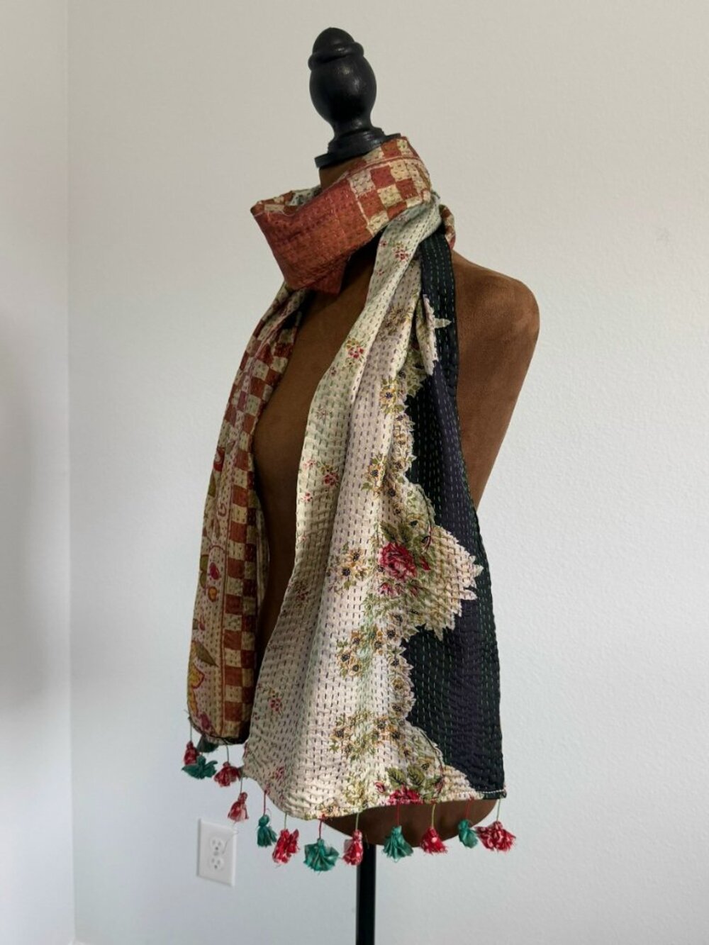 SEVYA 100% Silk Multicolor Multiprint Tassel Stitch Scarf ( Size 70"x11.5").